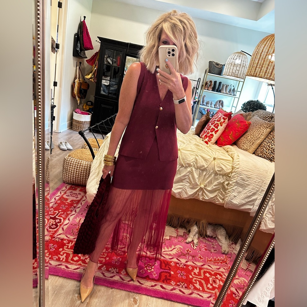 Women's Burgundy Sweater Vest & Skirt Set